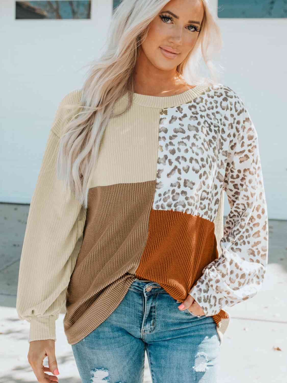 Color Block Leopard Round Neck Sweatshirt - Premium  from Trendsi - Just $26! Shop now at ZLA