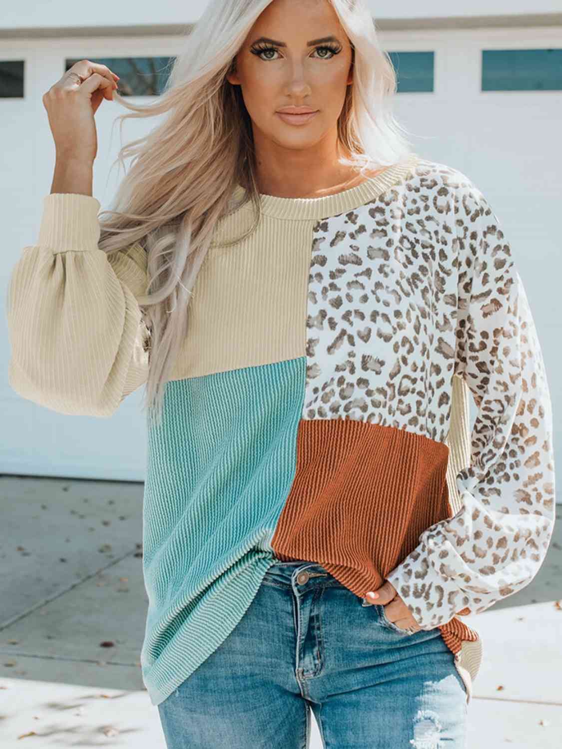Color Block Leopard Round Neck Sweatshirt - Premium  from Trendsi - Just $26! Shop now at ZLA