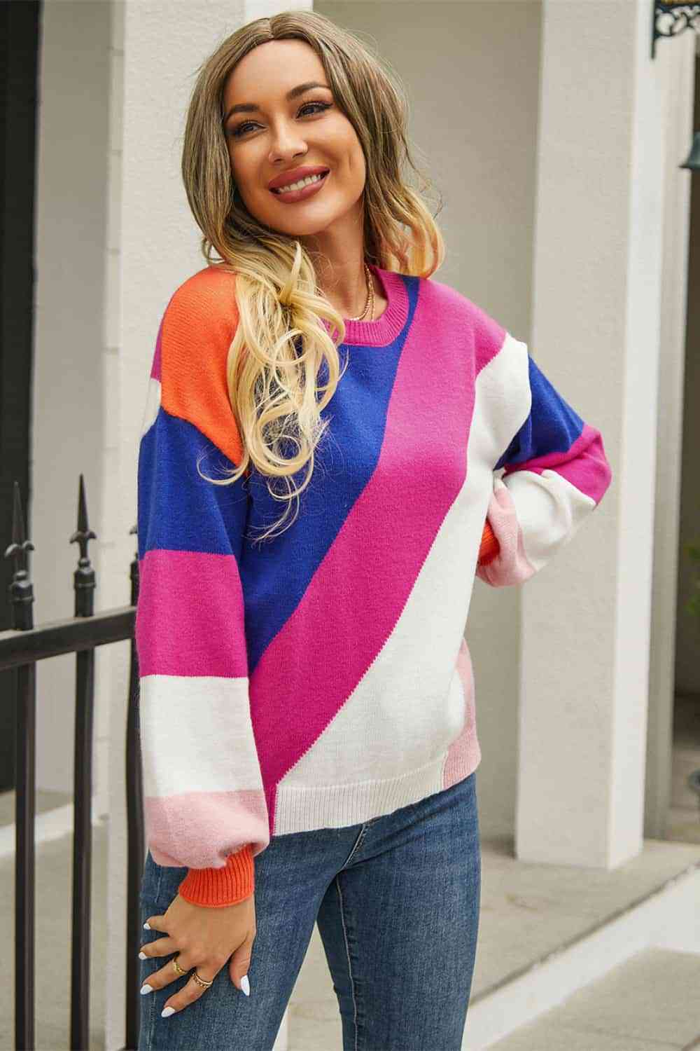Color Block Round Neck Long Sleeve Sweater - Premium  from Trendsi - Just $37! Shop now at ZLA