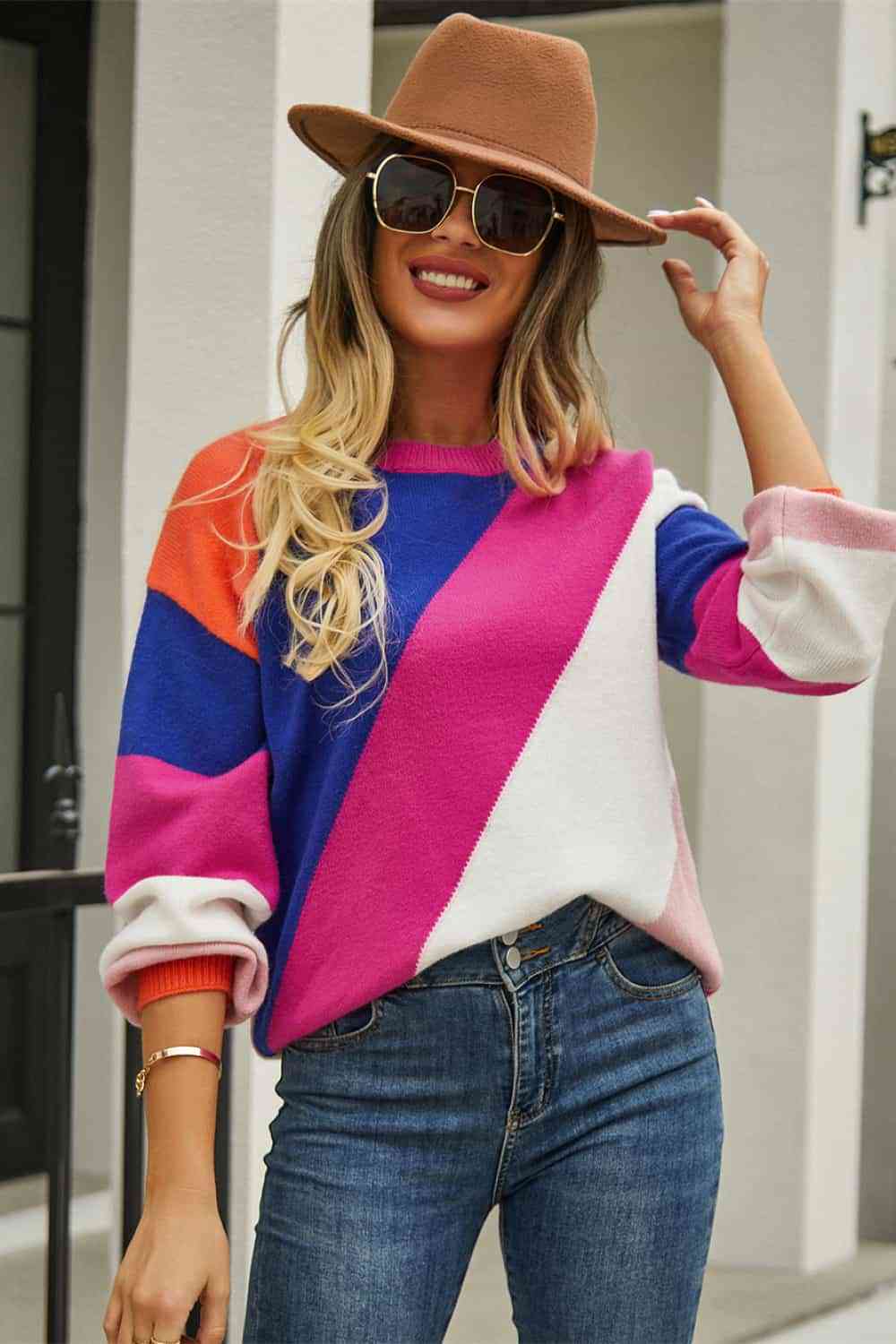 Color Block Round Neck Long Sleeve Sweater - Premium  from Trendsi - Just $37! Shop now at ZLA