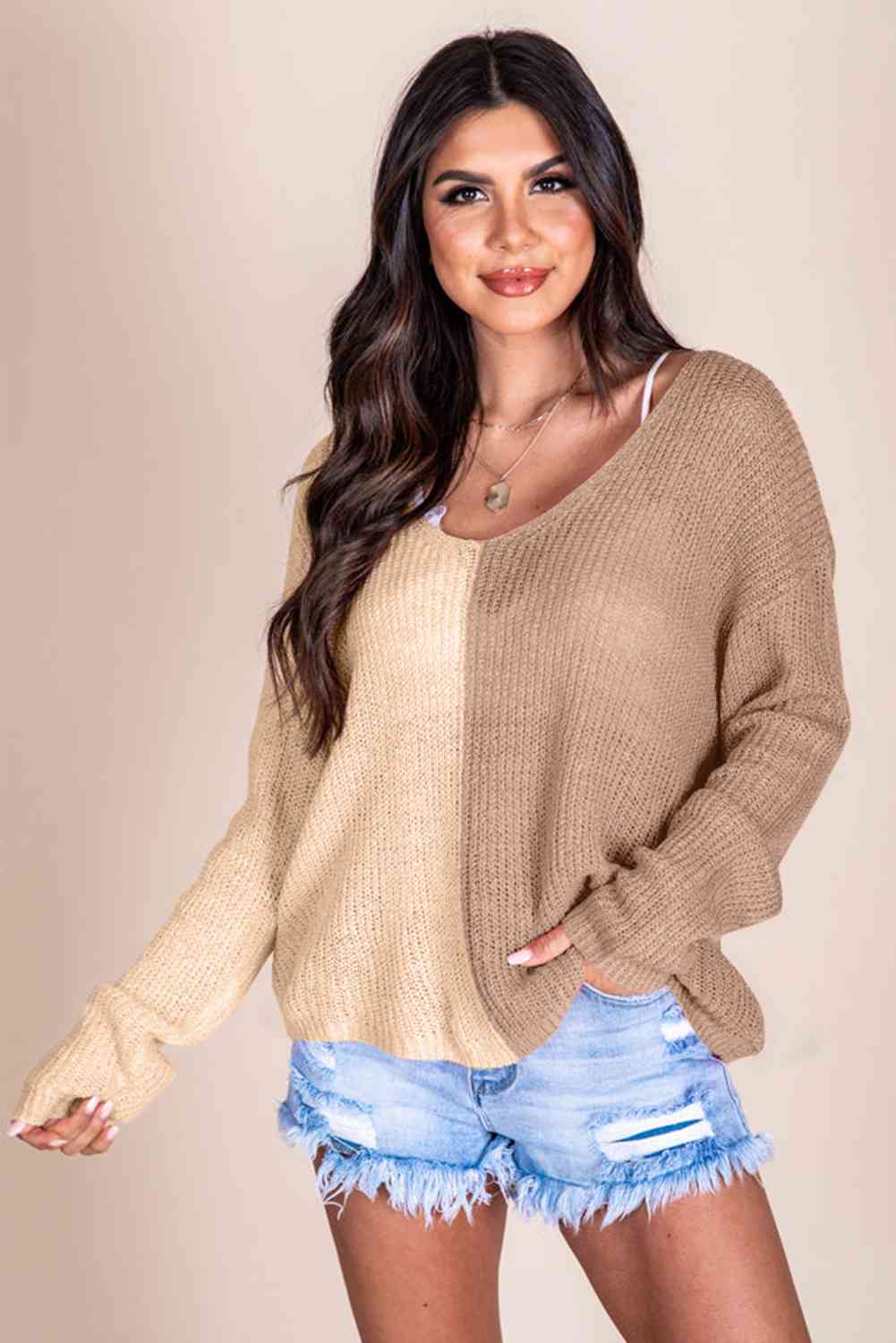 Contrast Color V-Neck Long Sleeve Pullover Sweater - Premium  from Trendsi - Just $29! Shop now at ZLA
