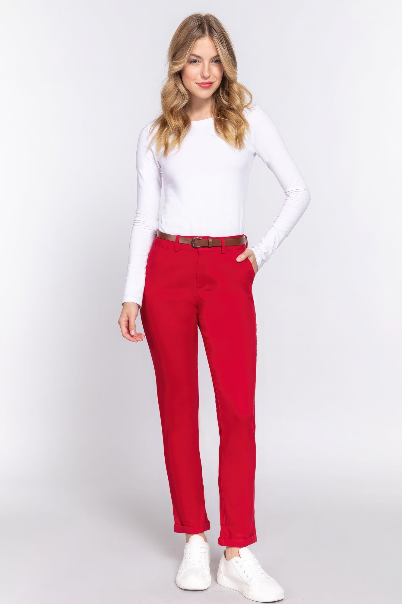 Cotton-span Twill Belted Long Pants - Premium  from ZLA - Just $23! Shop now at ZLA