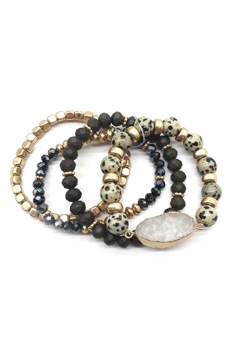 Crystal Metal Druzy Stone Bead Stretch Bracelet Set - ZLA