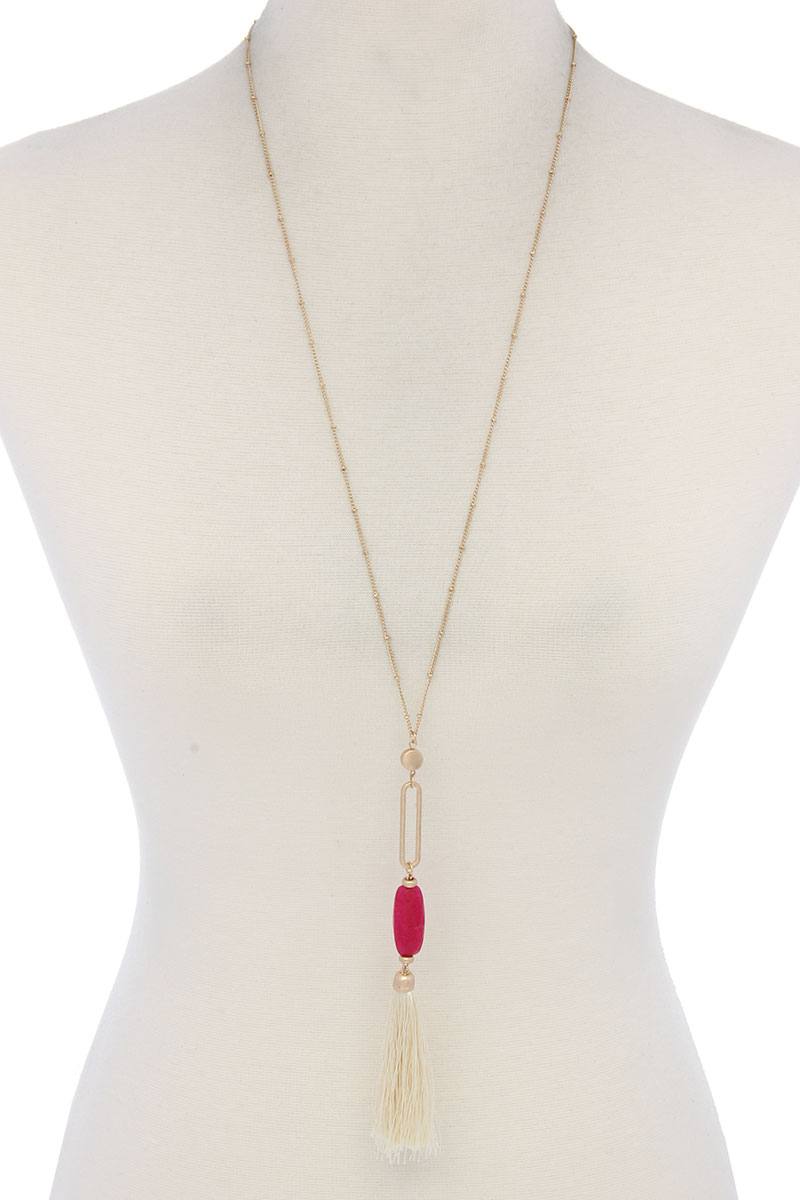 Cut Out Long Oval Bead Tassel Pendant Necklace - ZLA