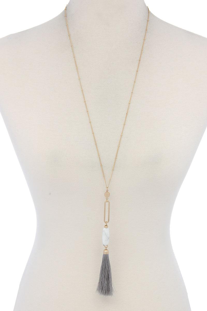 Cut Out Long Oval Bead Tassel Pendant Necklace - ZLA