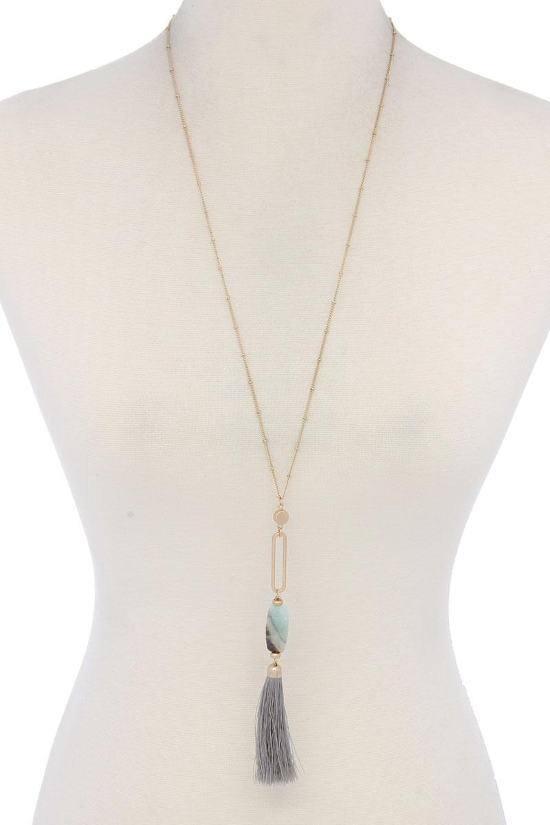 Cut Out Long Oval Bead Tassel Pendant Necklace - ZLA