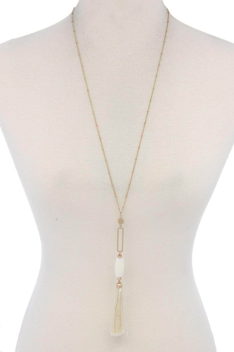 Cut Out Long Oval Bead Tassel Pendant Necklace - ZLA