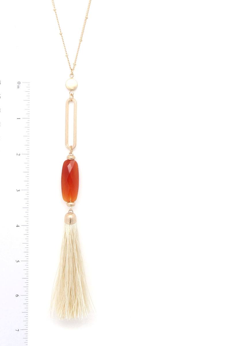 Cut Out Long Oval Bead Tassel Pendant Necklace - ZLA