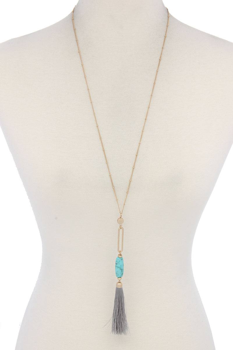 Cut Out Long Oval Bead Tassel Pendant Necklace - ZLA