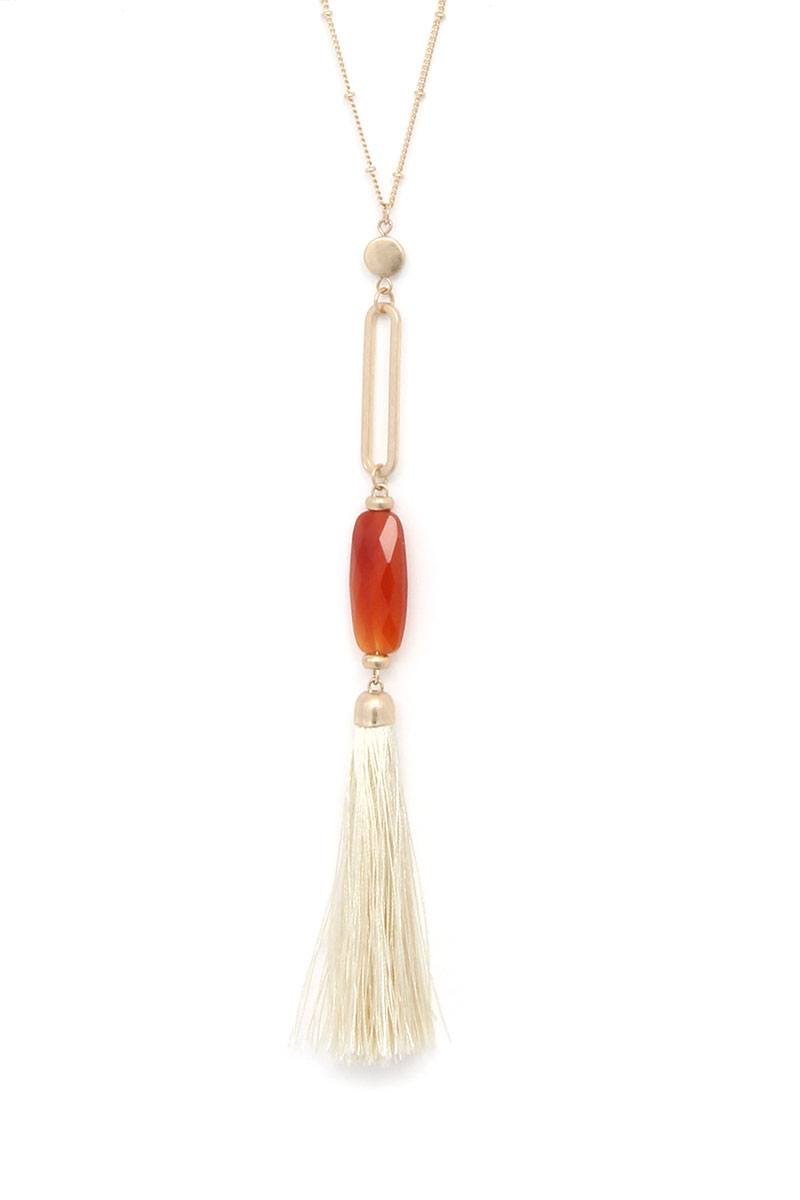 Cut Out Long Oval Bead Tassel Pendant Necklace - ZLA