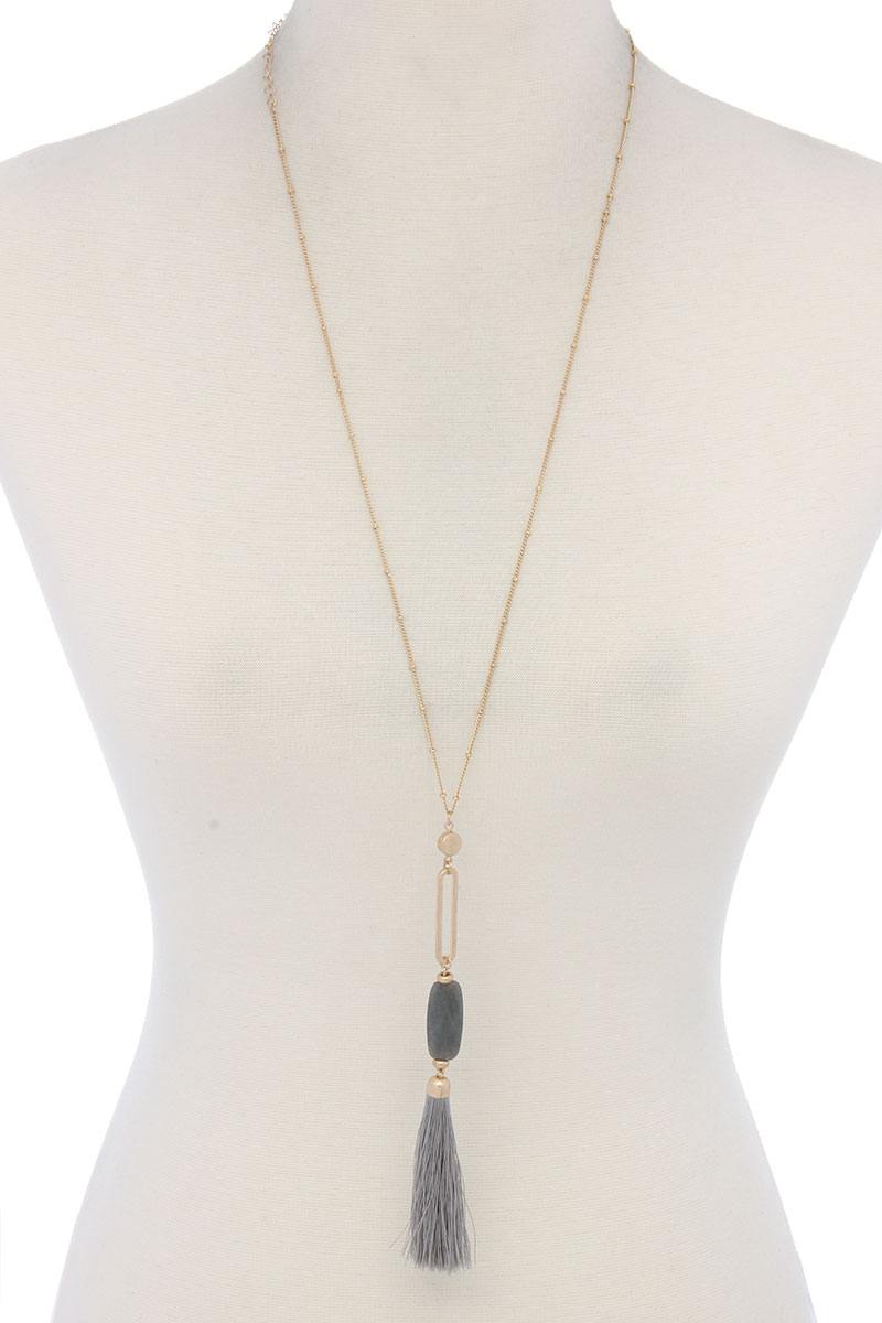 Cut Out Long Oval Bead Tassel Pendant Necklace - ZLA