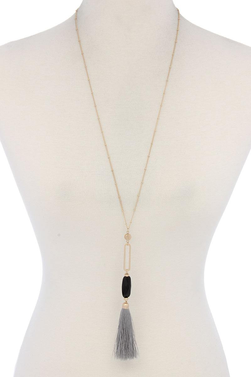 Cut Out Long Oval Bead Tassel Pendant Necklace - ZLA