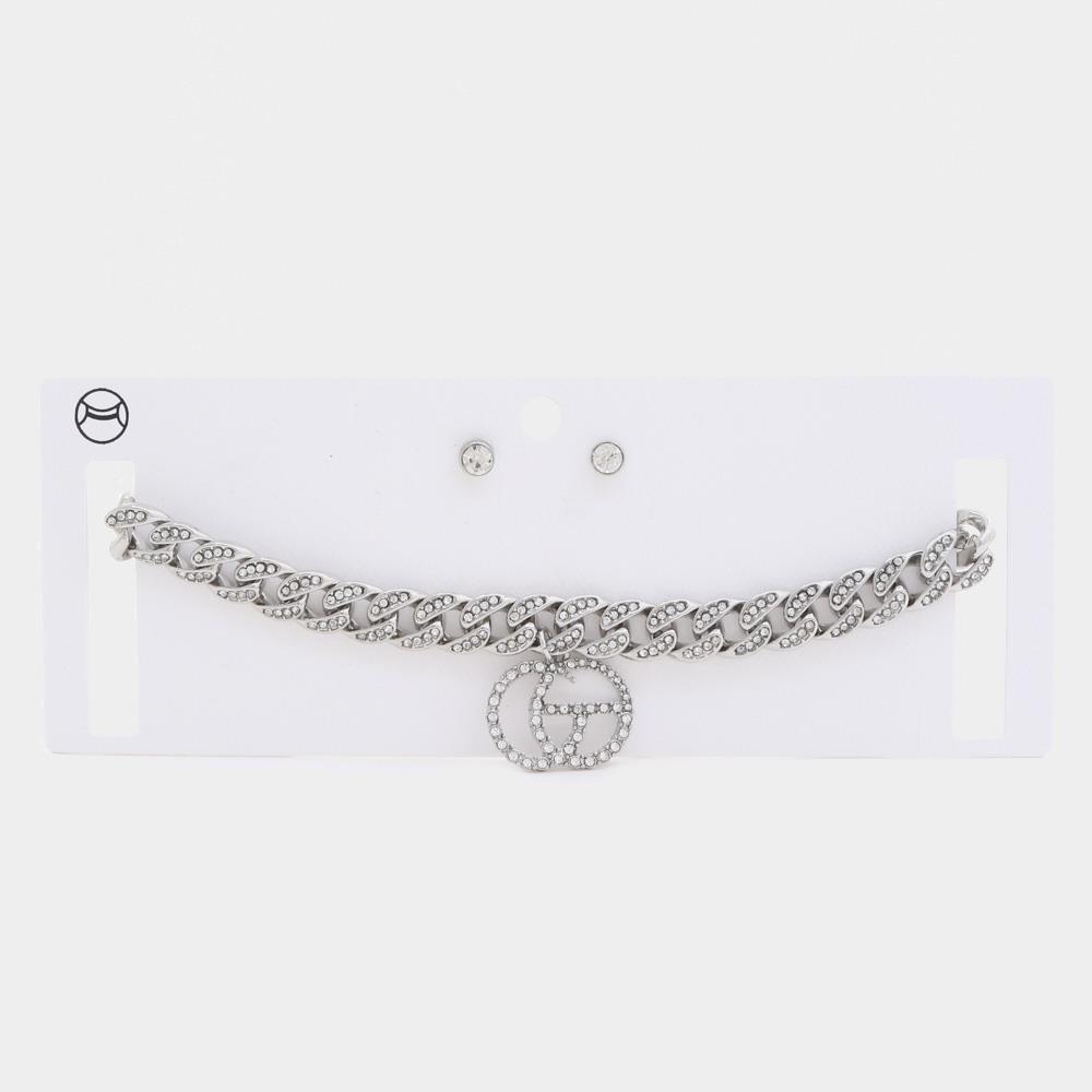 Double Circle Rhinestone Charm Curb Link Choker Necklace - ZLA