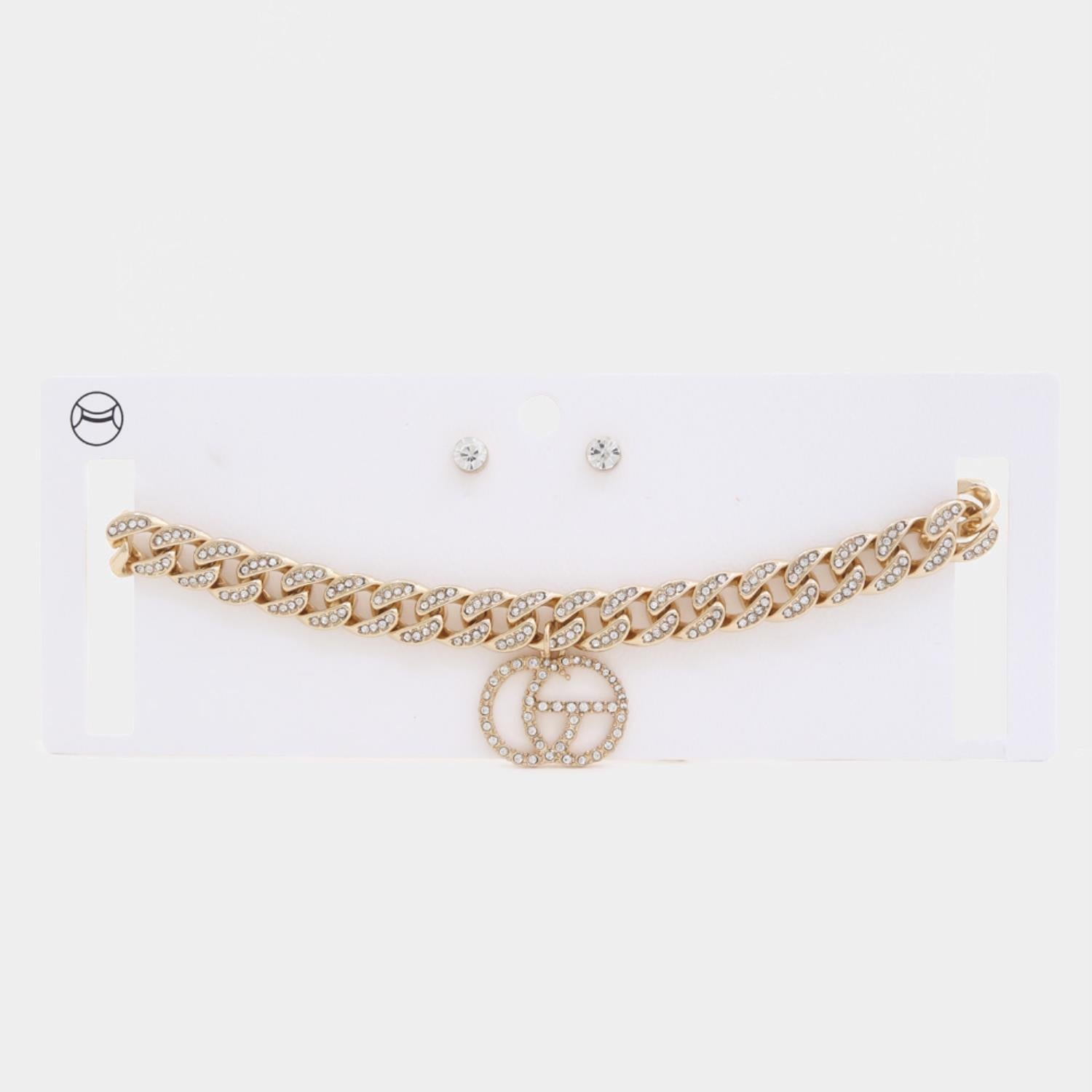 Double Circle Rhinestone Charm Curb Link Choker Necklace - ZLA