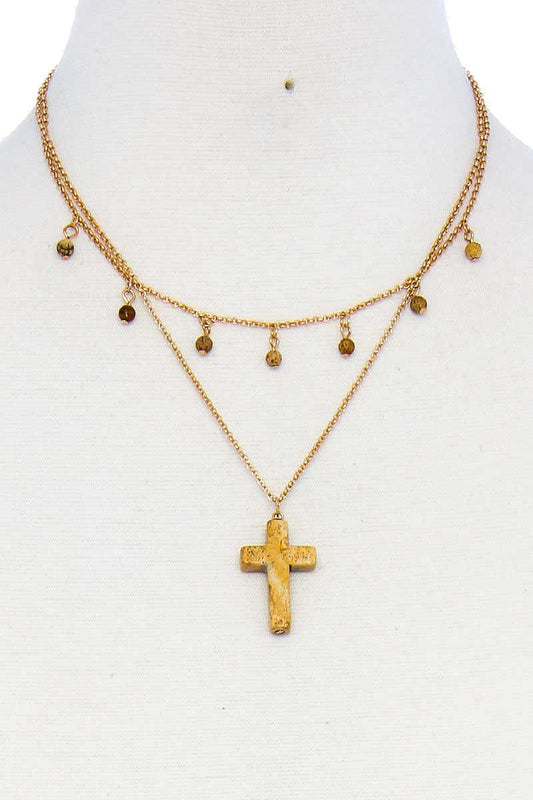 Double Layered Cross Pendant Chain Necklace - ZLA