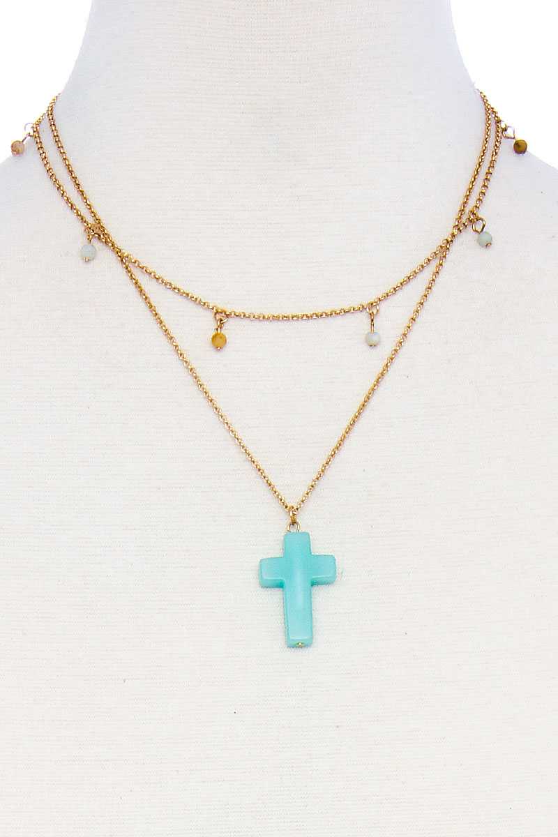 Double Layered Cross Pendant Chain Necklace - ZLA