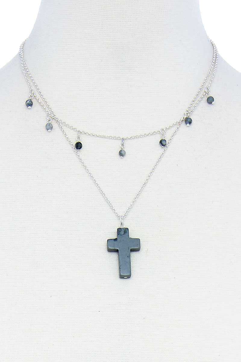 Double Layered Cross Pendant Chain Necklace - ZLA