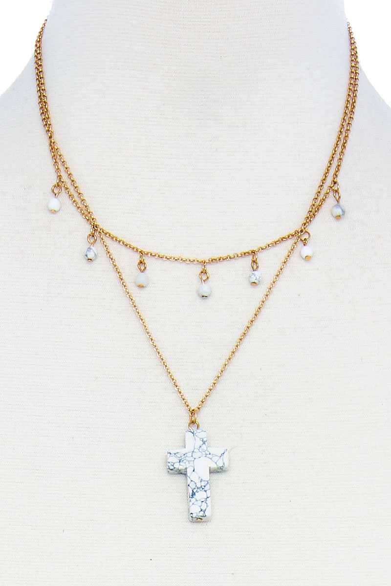 Double Layered Cross Pendant Chain Necklace - ZLA