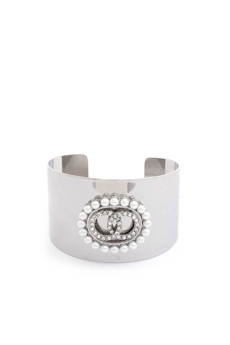 Double Link Rhinestone Pearl Metal Cuff Bracelet - ZLA