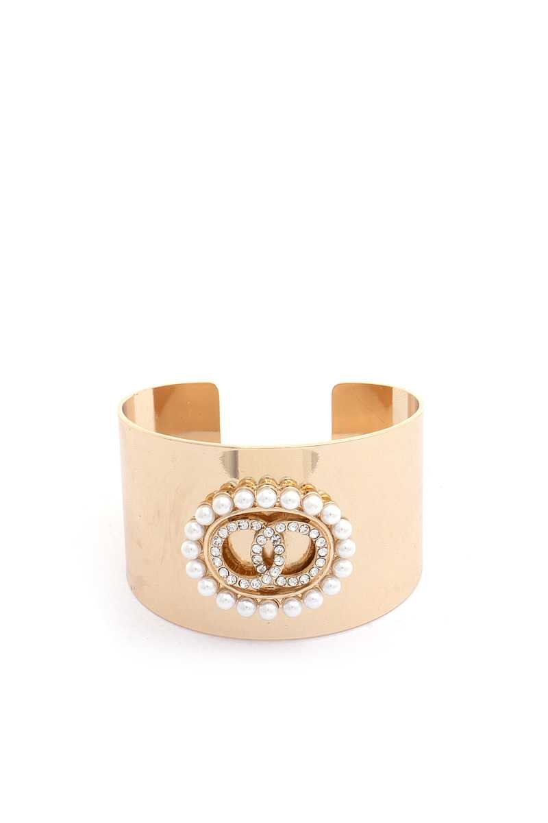 Double Link Rhinestone Pearl Metal Cuff Bracelet - ZLA