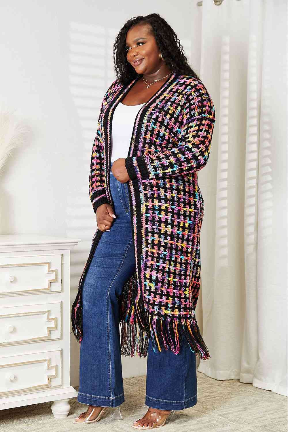 Double Take Full Size Multicolored Open Front Fringe Hem Cardigan - Premium  from Trendsi - Just $52! Shop now at ZLA