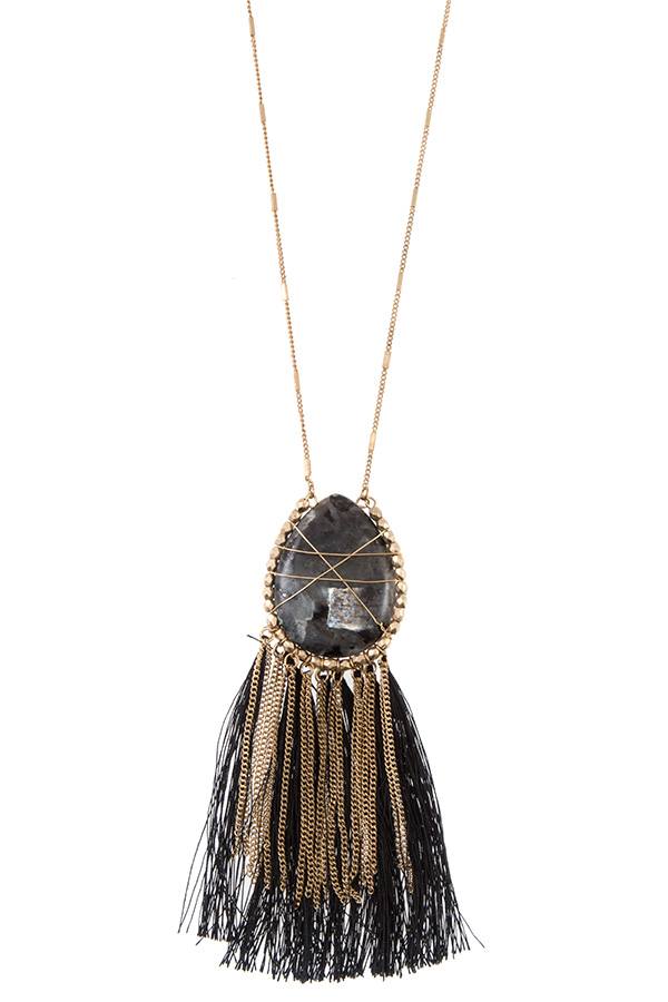 Elognated wrapped gem tassel pendant necklace - ZLA