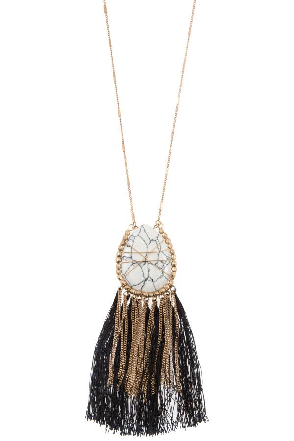 Elognated wrapped gem tassel pendant necklace - ZLA