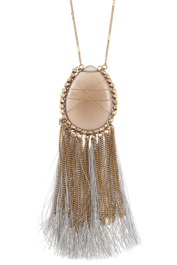 Elognated wrapped gem tassel pendant necklace - ZLA