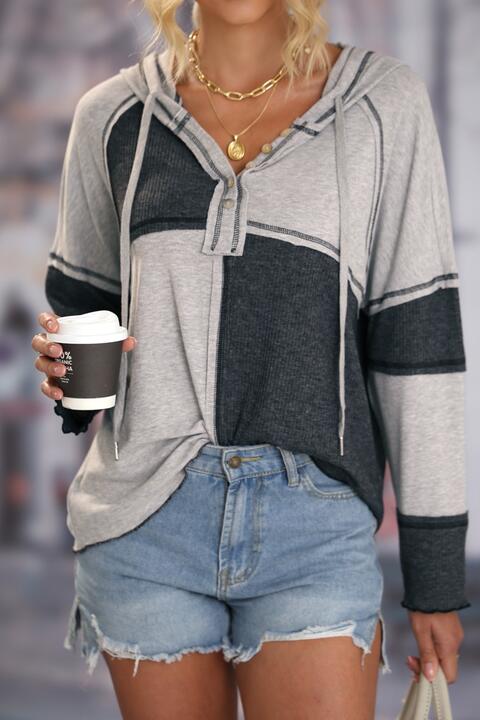 Exposed Seam Color Block Hoodie with Drawstring - Premium  from Trendsi - Just $36! Shop now at ZLA