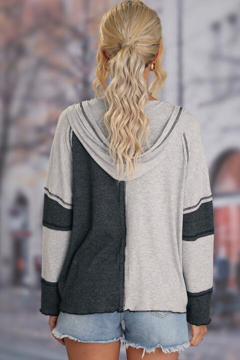 Exposed Seam Color Block Hoodie with Drawstring - Premium  from Trendsi - Just $36! Shop now at ZLA