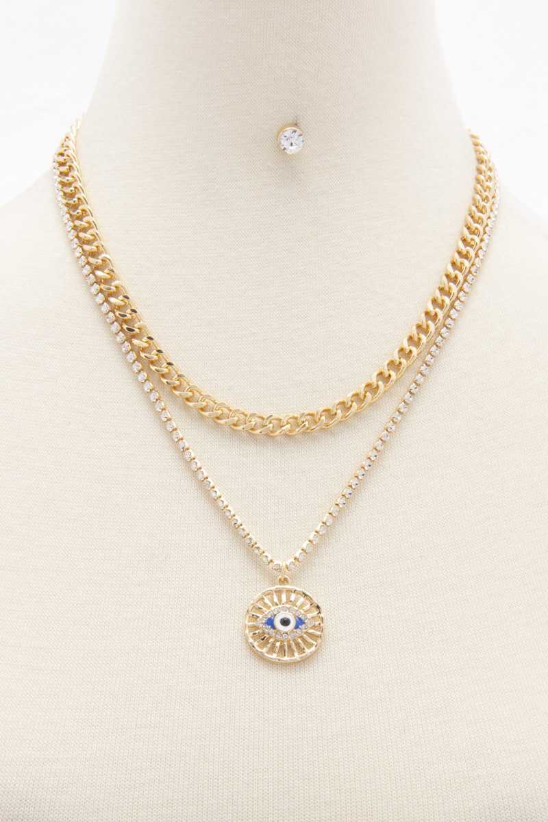 Eye Charm Rhinestone Layered Necklace - ZLA