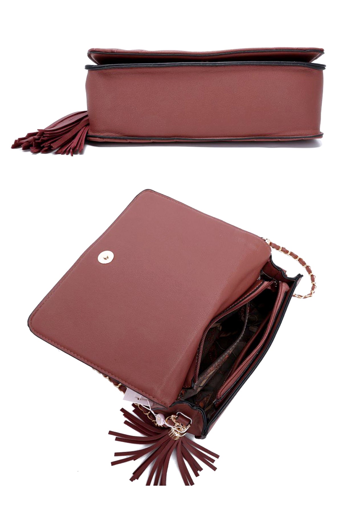 Fashion Double Metal Pattern Stitching Tassel Crossbody Bag - ZLA