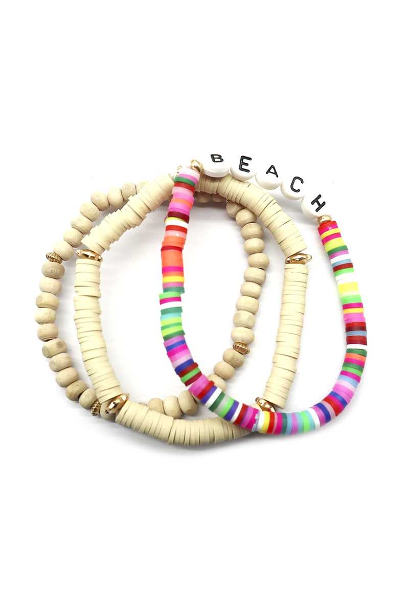 Fashion Wood Rubber Disc Bead Beach Letter Stretch Multi Bracelet - ZLA