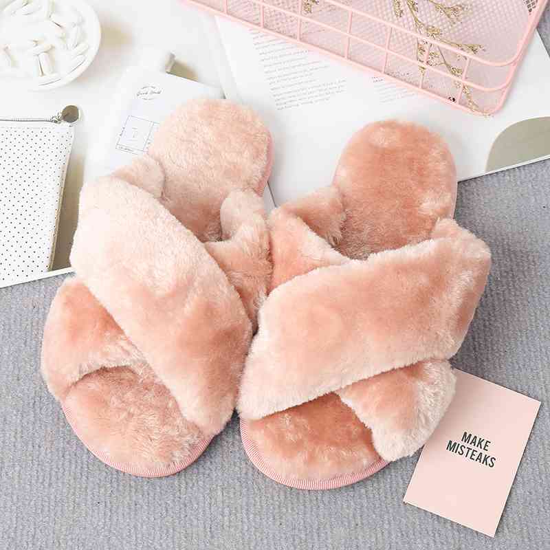 Faux Fur Crisscross Strap Slippers - Premium  from Trendsi - Just $21! Shop now at ZLA