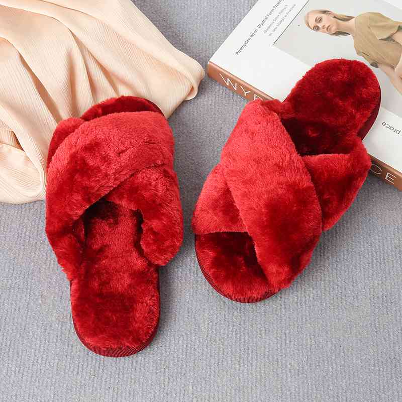 Faux Fur Crisscross Strap Slippers - Premium  from Trendsi - Just $21! Shop now at ZLA