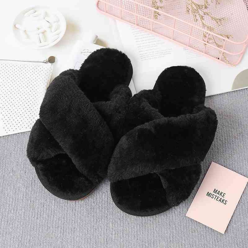 Faux Fur Crisscross Strap Slippers - Premium  from Trendsi - Just $21! Shop now at ZLA