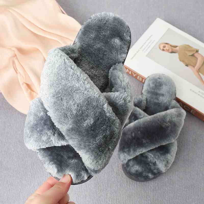 Faux Fur Crisscross Strap Slippers - Premium  from Trendsi - Just $21! Shop now at ZLA