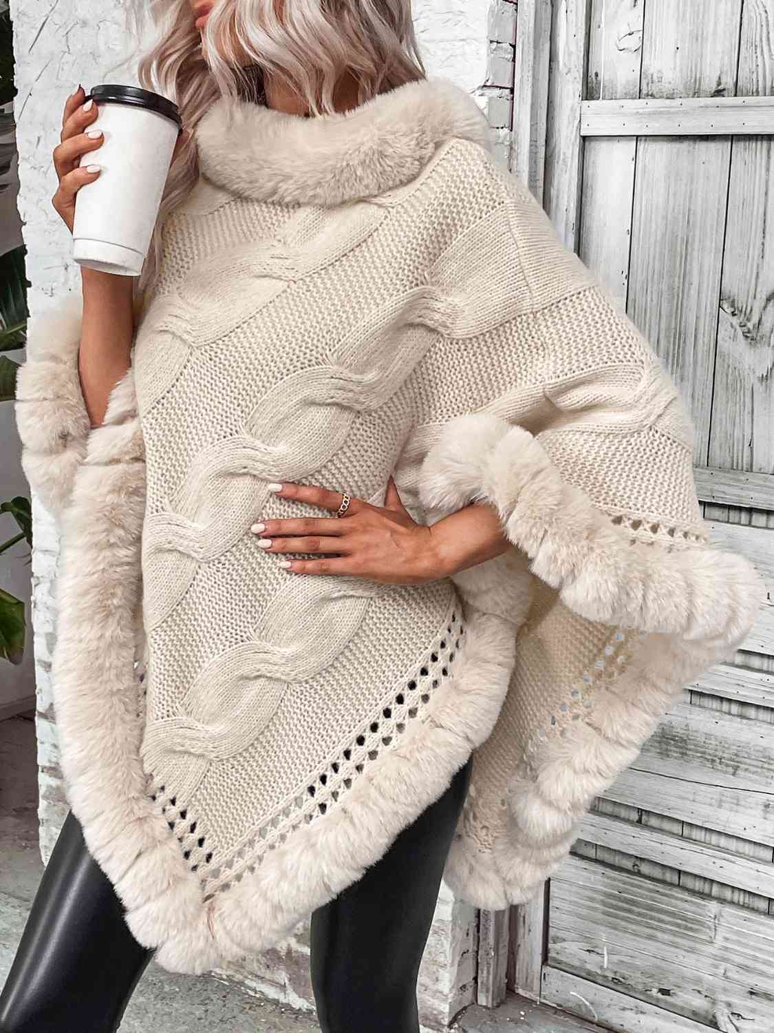 Faux Fur Trim Cable-Knit Poncho - Premium  from Trendsi - Just $49! Shop now at ZLA