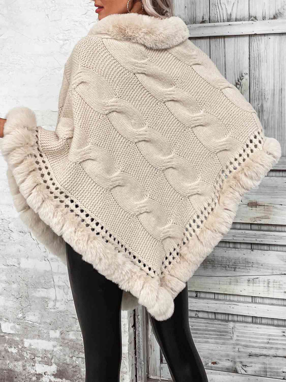 Faux Fur Trim Cable-Knit Poncho - Premium  from Trendsi - Just $49! Shop now at ZLA