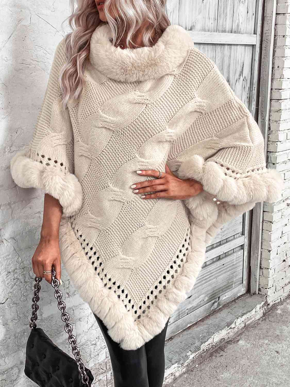 Faux Fur Trim Cable-Knit Poncho - Premium  from Trendsi - Just $49! Shop now at ZLA