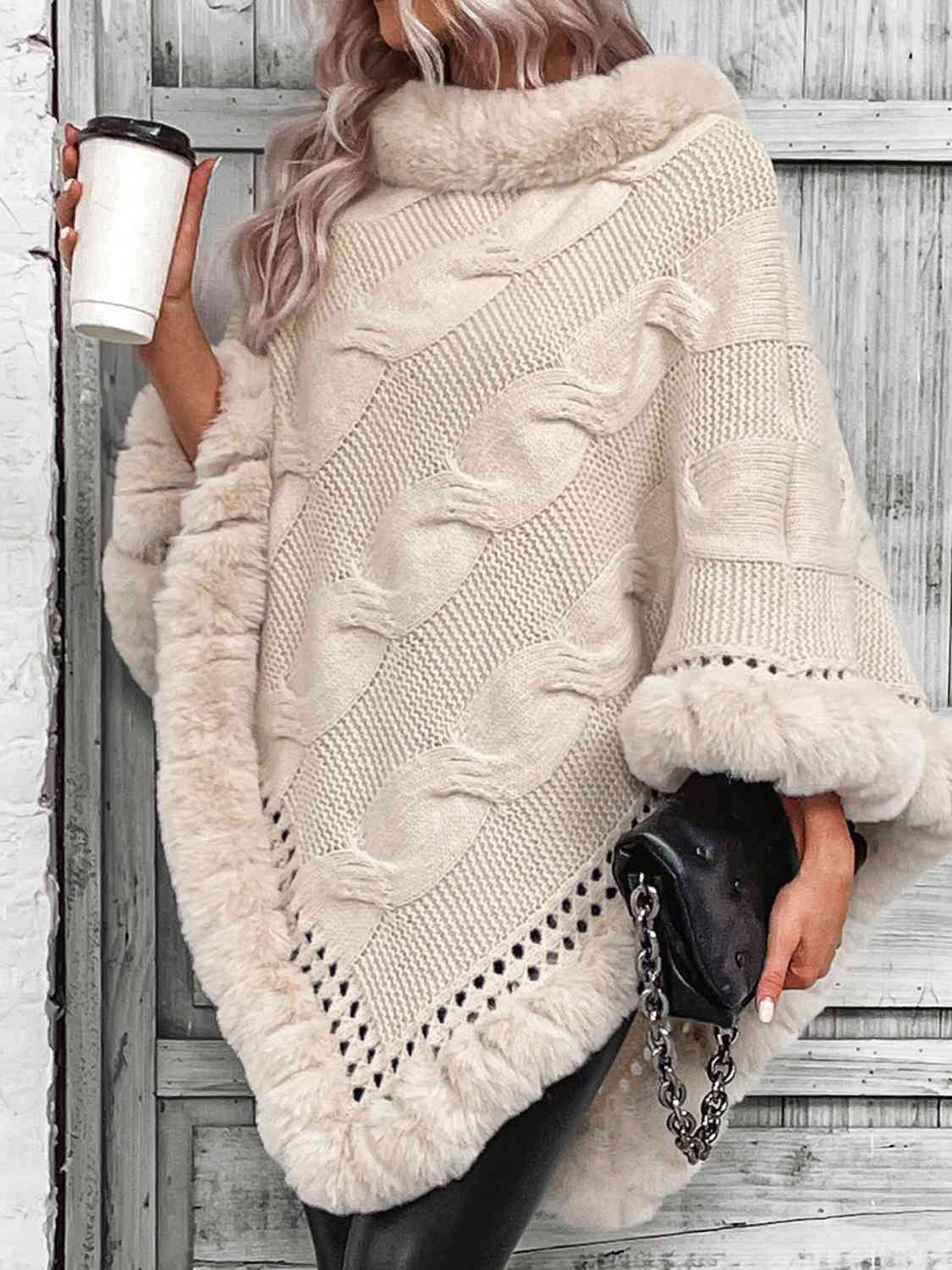 Faux Fur Trim Cable-Knit Poncho - Premium  from Trendsi - Just $49! Shop now at ZLA