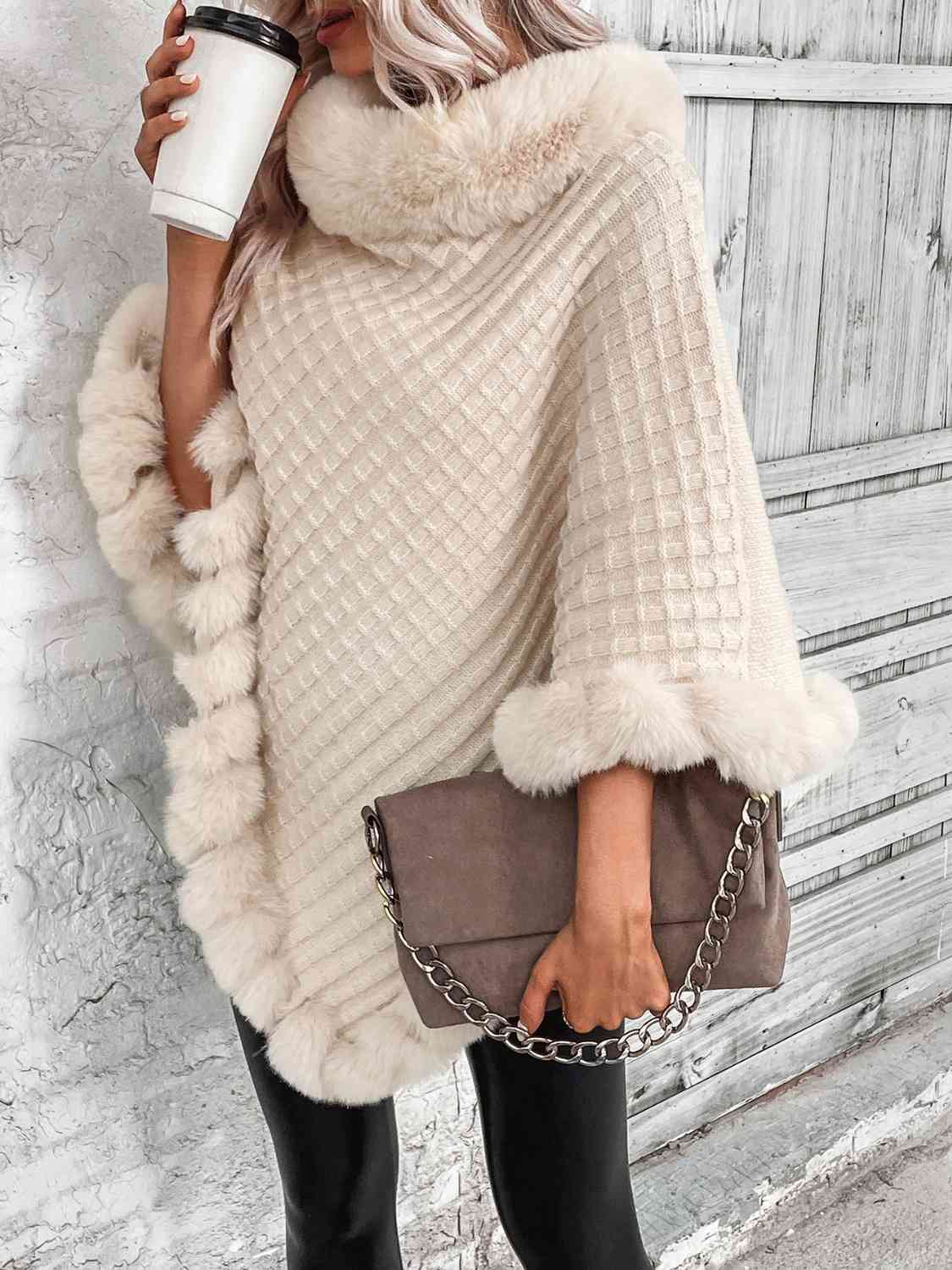 Faux Fur Trim Poncho - Premium  from Trendsi - Just $38! Shop now at ZLA