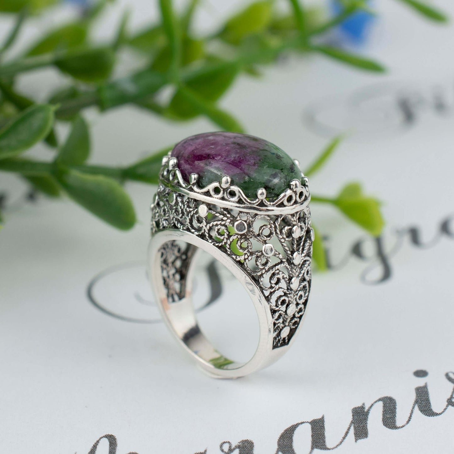 Filigree Art Ruby Zoisite Gemstone Women Silver Dome Statement Ring - Premium Jewelry & Watches from Scarlet Corydalis - Just $33.52! Shop now at ZLA