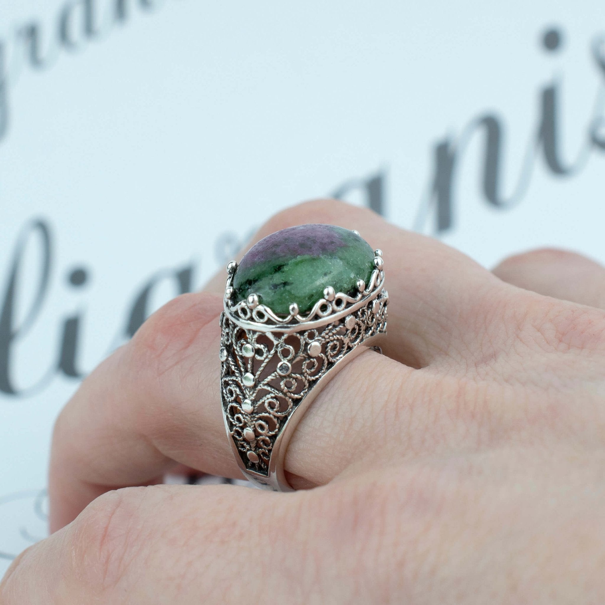 Filigree Art Ruby Zoisite Gemstone Women Silver Dome Statement Ring - Premium Jewelry & Watches from Scarlet Corydalis - Just $33.52! Shop now at ZLA