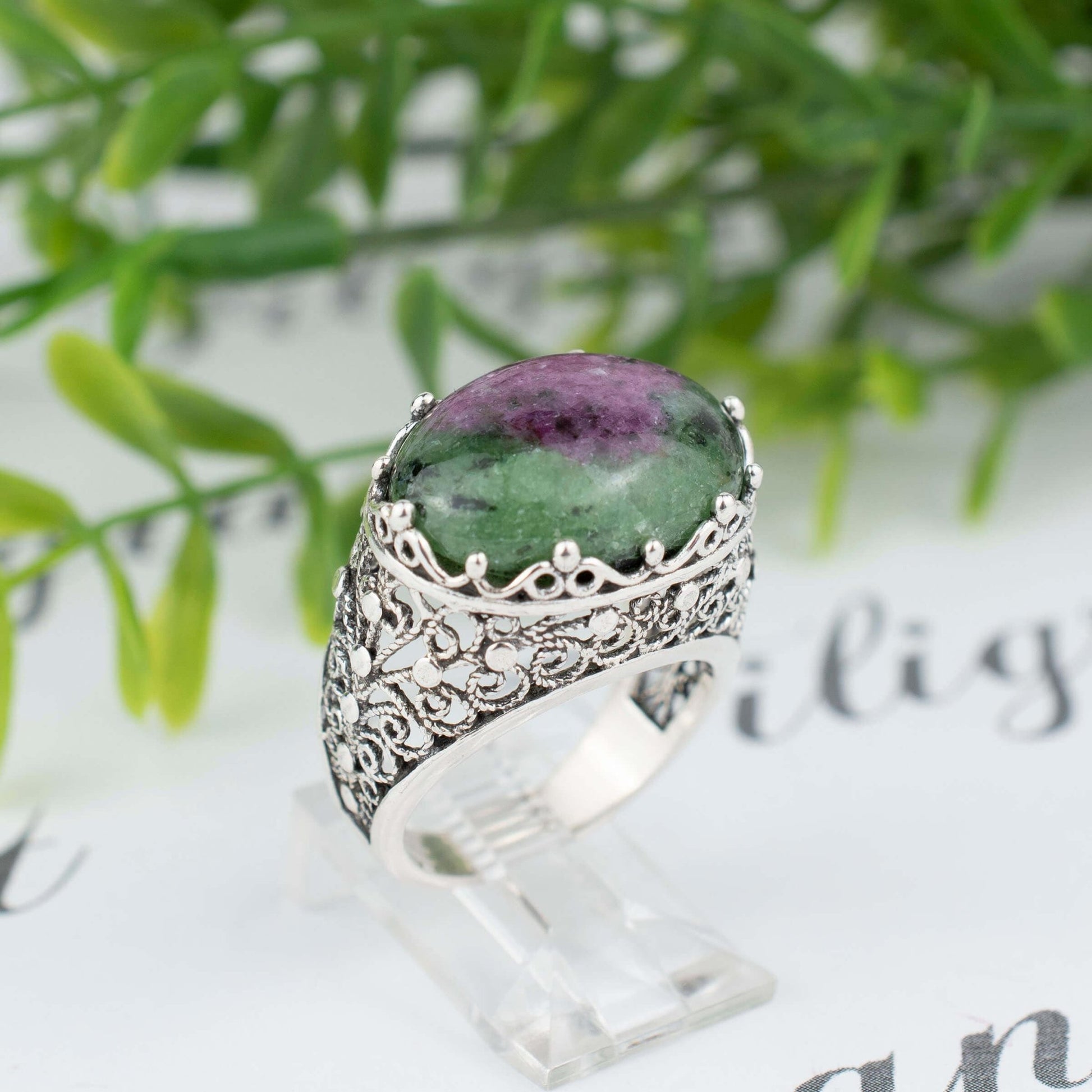 Filigree Art Ruby Zoisite Gemstone Women Silver Dome Statement Ring - Premium Jewelry & Watches from Scarlet Corydalis - Just $33.52! Shop now at ZLA