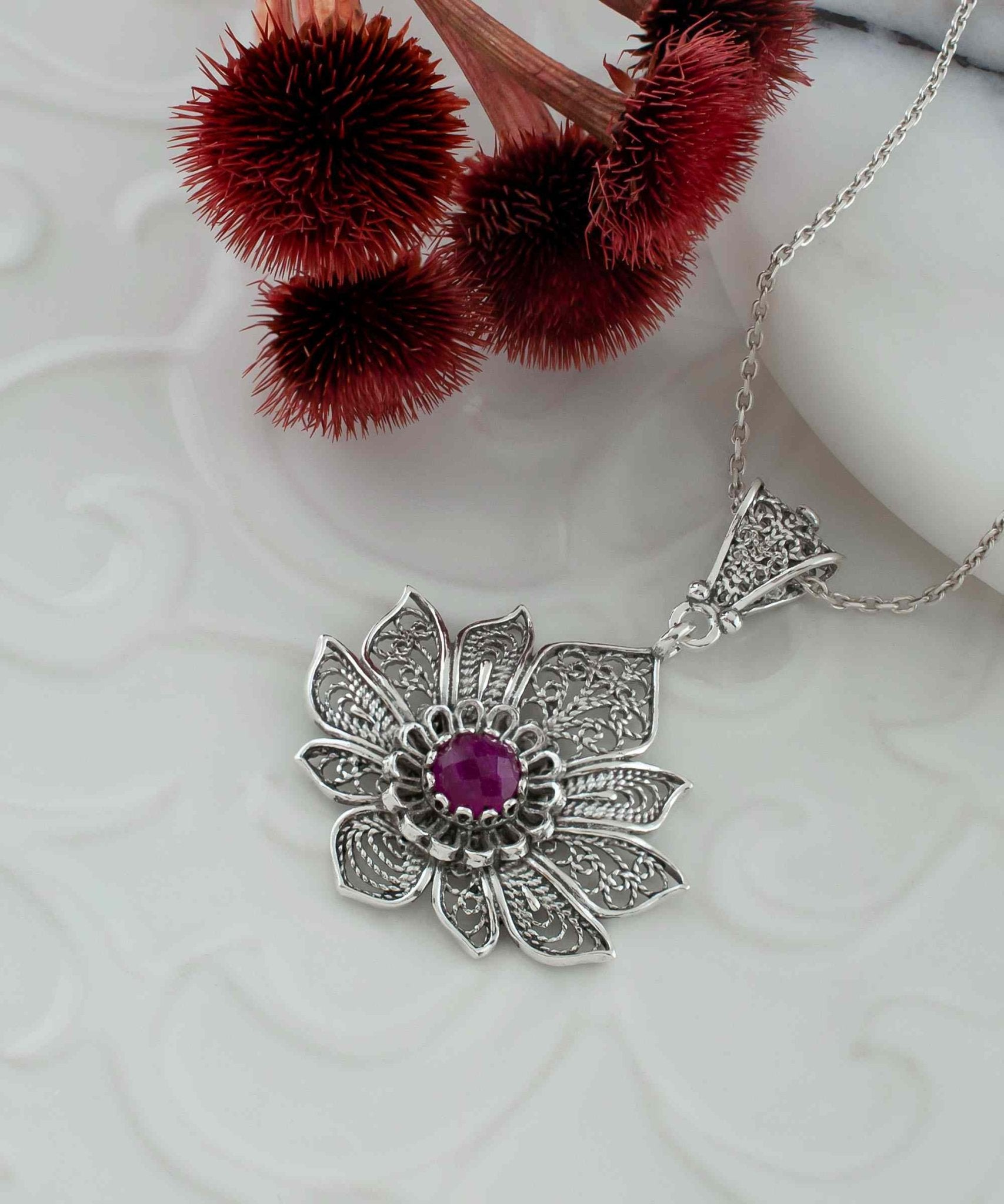 Filigree Art Silver Lotus Flower Ruby Corundum Gemstone Women Pendant - Premium Jewelry & Watches from Scarlet Corydalis - Just $25.27! Shop now at ZLA