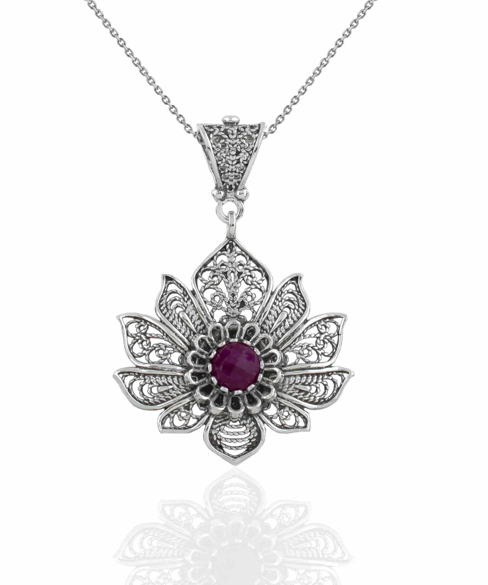 Filigree Art Silver Lotus Flower Ruby Corundum Gemstone Women Pendant - Premium Jewelry & Watches from Scarlet Corydalis - Just $25.27! Shop now at ZLA