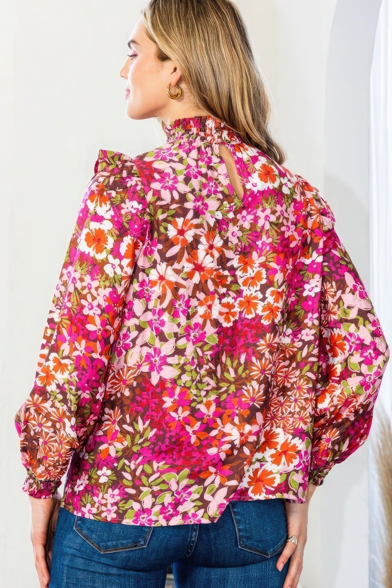 Floral Mock Neck Smocked Yoke Blouse - Premium  from ZLA - Just $51.50! Shop now at ZLA