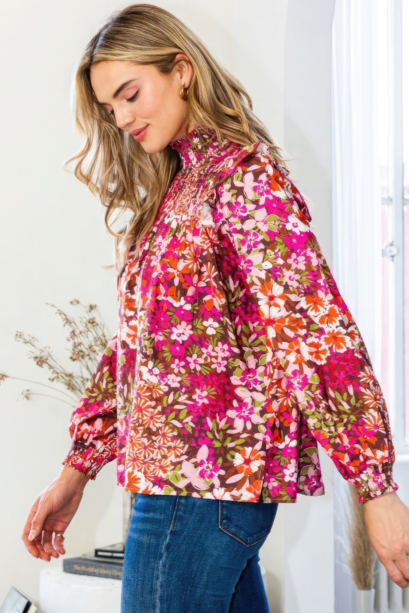 Floral Mock Neck Smocked Yoke Blouse - Premium  from ZLA - Just $51.50! Shop now at ZLA