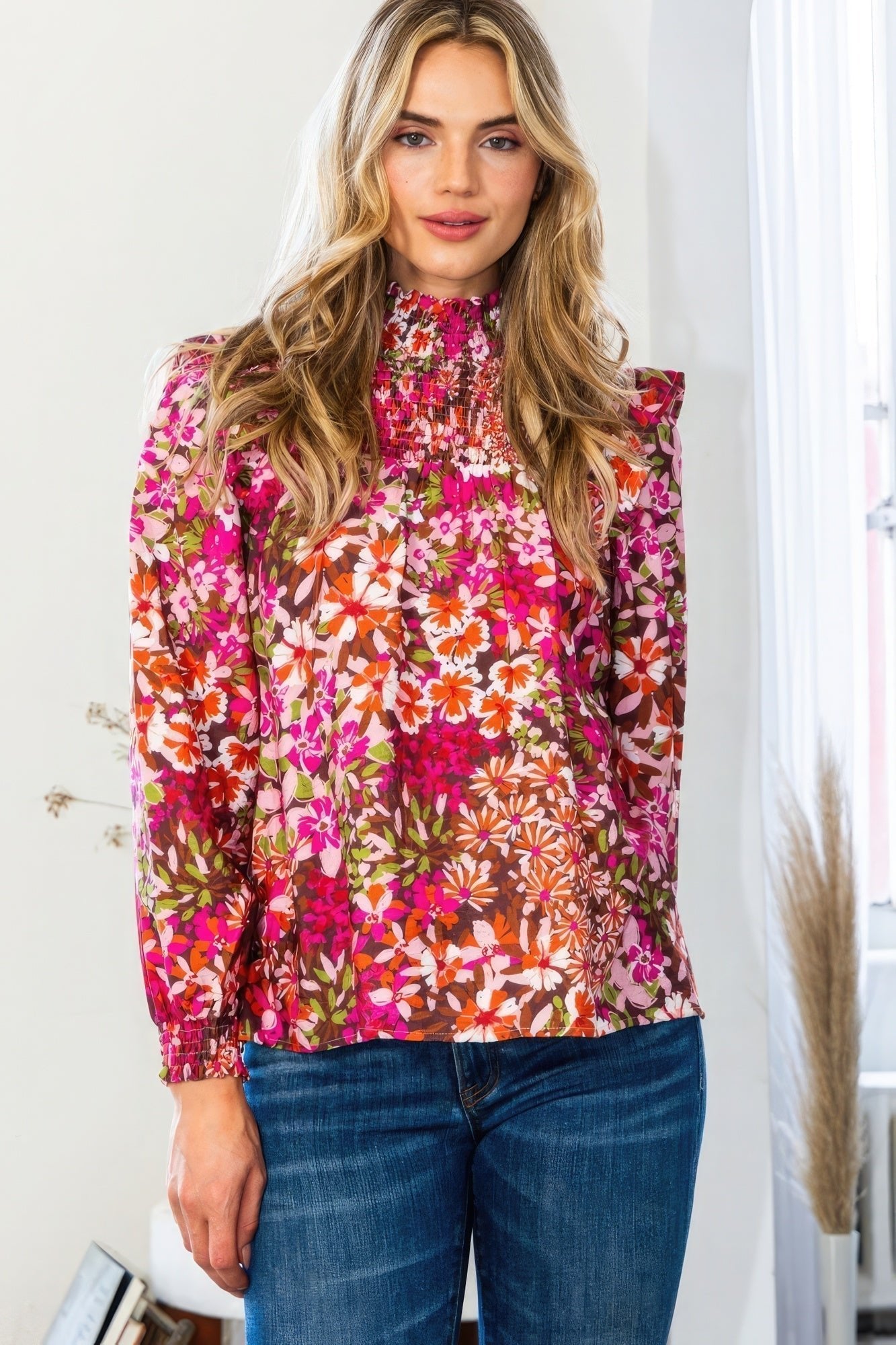 Floral Mock Neck Smocked Yoke Blouse - Premium  from ZLA - Just $51.50! Shop now at ZLA